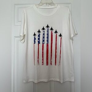 White Graphic T-Shirt with Red and Blue Design